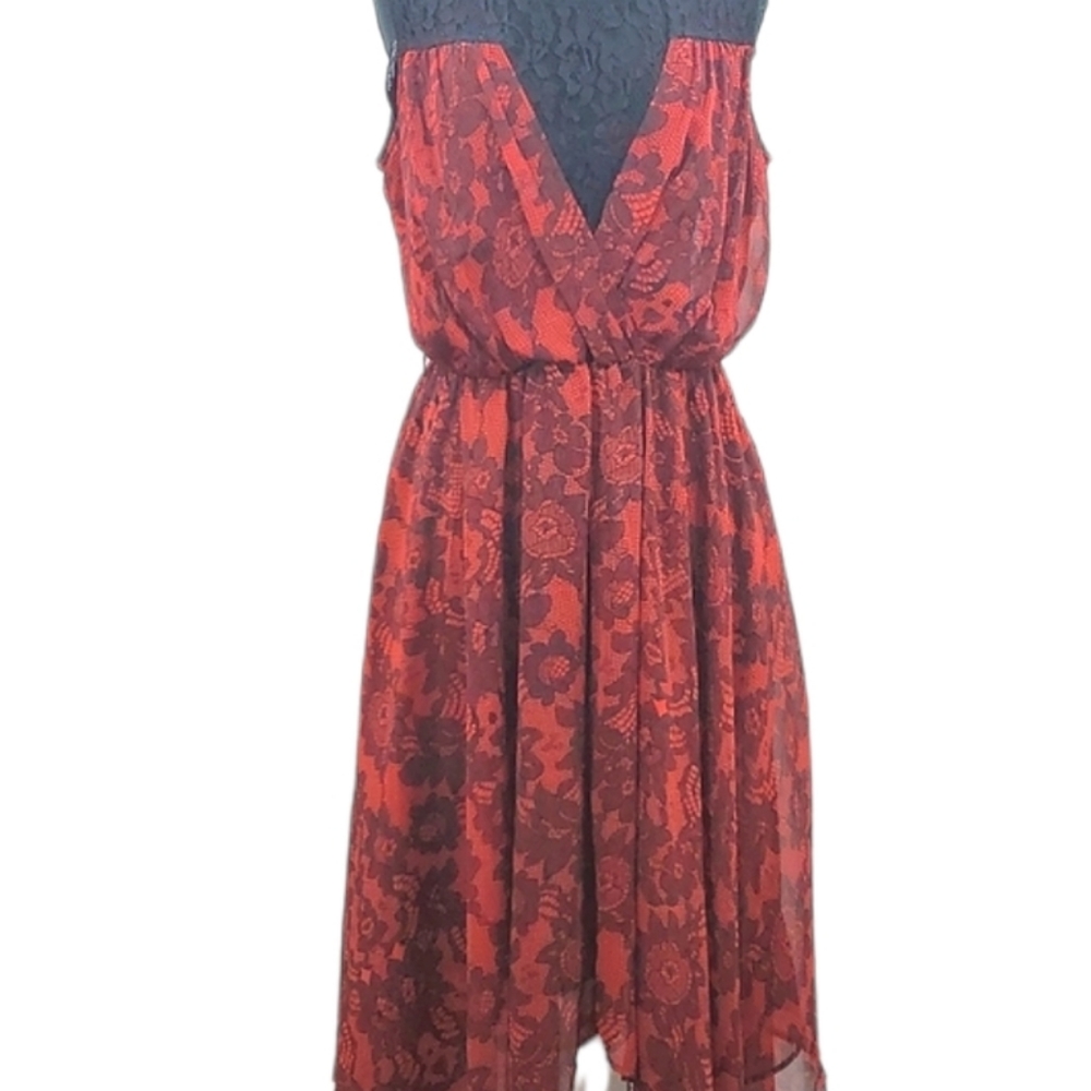 City Chic Red Black Embroidered Chiffon Dress XS